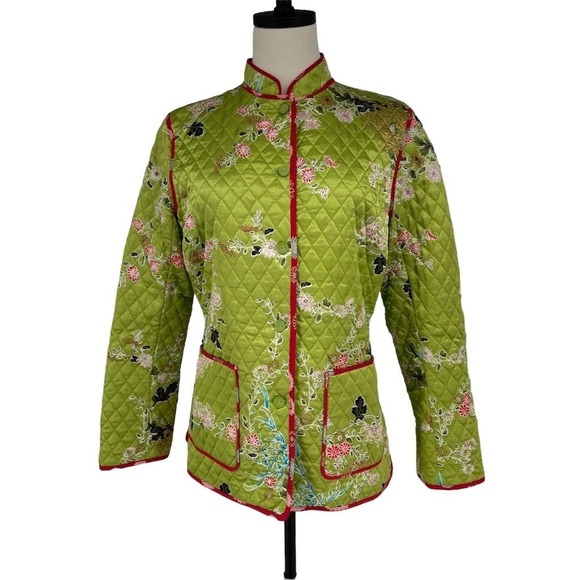 Anne Carson Jackets & Blazers - Anne Carson Women's M Green 100% Silk Quilted Floral Jacket Button Closure